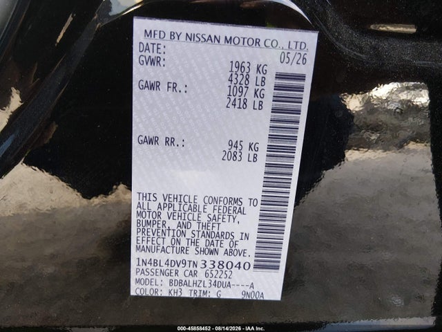 Продажа на аукционе авто 2026 Nissan Altima Sv Fwd, vin: 1N4BL4DV9TN338040, номер лота: 45858452