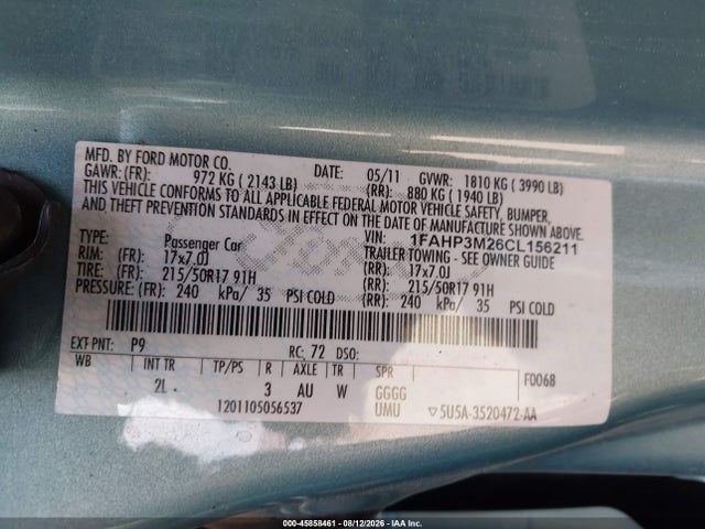 Продаж на аукціоні авто 2012 Ford Focus Sel, vin: 1FAHP3M26CL156211, номер лоту: 45858461