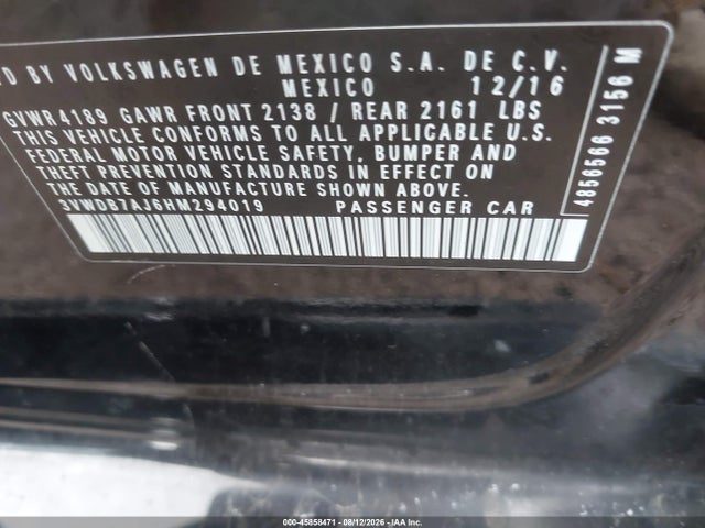 45858471 :رقم المزاد ، 3VWDB7AJ6HM294019 vin ، 2017 Volkswagen Jetta Se مزاد بيع