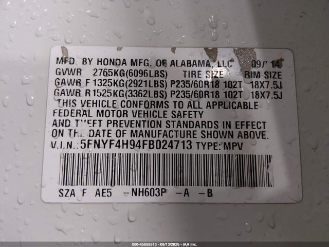 Продажа на аукционе авто 2015 Honda Pilot Touring, vin: 5FNYF4H94FB024713, номер лота: 45858513