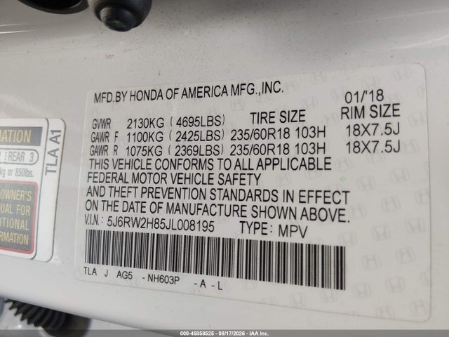 5J6RW2H85JL008195 Honda Cr-v Ex-l/ex-l Navi