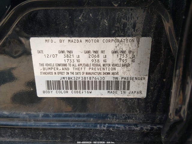 Aukcja sprzedaży 2008 Mazda Mazda3 I, vin: JM1BK32F381876430, numer aukcji: 45858528