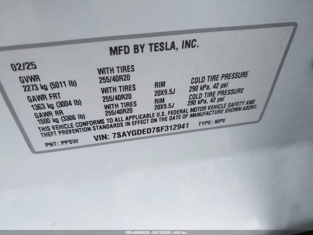 45858529 :رقم المزاد ، 7SAYGDED7SF312941 vin ، 2025 Tesla Model Y Long Range Dual Motor Rear-wheel Drive مزاد بيع