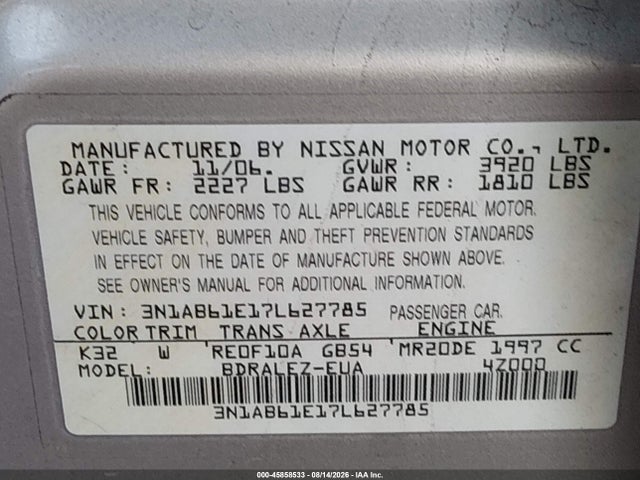 Aukcja sprzedaży 2007 Nissan Sentra 2.0s, vin: 3N1AB61E17L627785, numer aukcji: 45858533