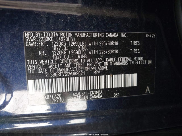Auction sale of the 2025 Toyota Rav4 Hybrid Xle Premium, vin: 2T3B6RFV6SW089621, lot number: 45858543
