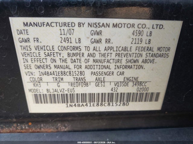 Продаж на аукціоні авто 2008 Nissan Maxima 3.5 Se, vin: 1N4BA41E88C815280, номер лоту: 45858551
