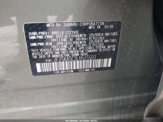 Продаж на аукціоні авто 2020 Subaru Forester Limited, vin: JF2SKASC3LH515503, номер лоту: 45858556