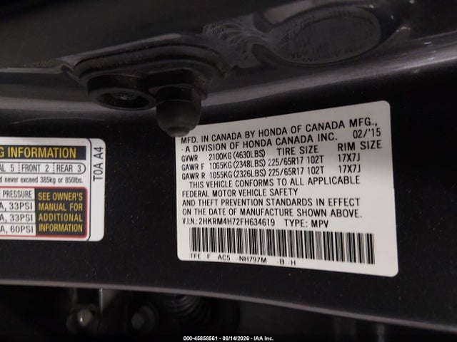 Honda Cr-v Ex-l 2015 2HKRM4H72FH634619 Image 9