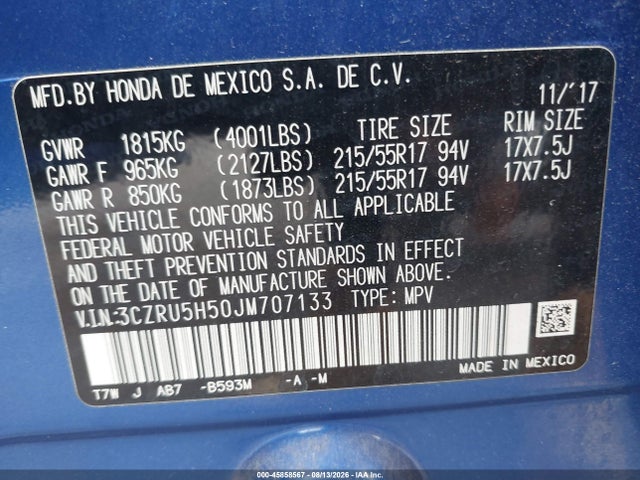 3CZRU5H50JM707133 Honda HR-V EX
