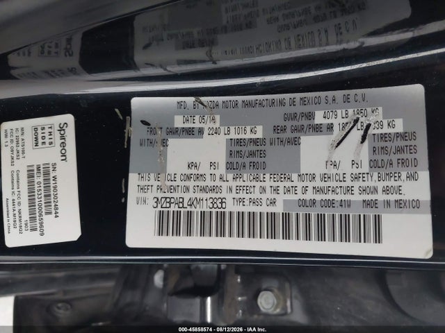 Продаж на аукціоні авто 2019 Mazda Mazda3, vin: 3MZBPABL4KM113836, номер лоту: 45858574