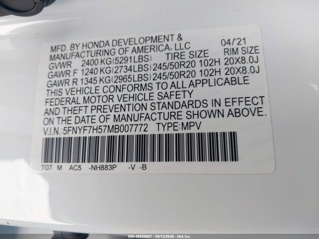Aukcja sprzedaży 2021 Honda Passport 2wd Ex-l, vin: 5FNYF7H57MB007772, numer aukcji: 45858587