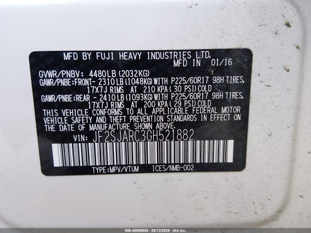 Продажа на аукционе авто 2016 Subaru Forester 2.5i Limited, vin: JF2SJARC3GH521882, номер лота: 45858608