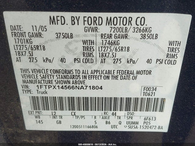 45858616 :رقم المزاد ، 1FTPX14566NA71804 vin ، 2006 Ford F-150 Fx4/lariat/xl/xlt مزاد بيع