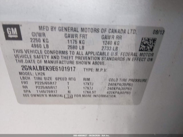45858627 :رقم المزاد ، 2GNALBEK9E6101917 vin ، 2014 Chevrolet Equinox 1lt مزاد بيع