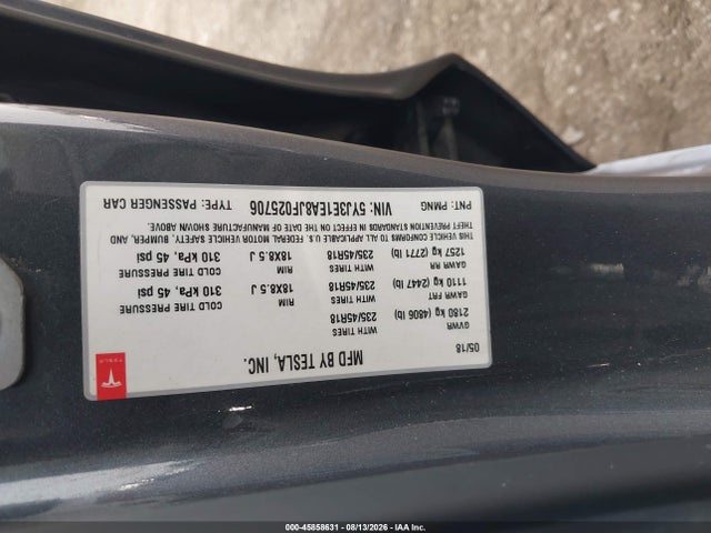 Продажа на аукционе авто 2018 Tesla Model 3 Long Range/mid Range, vin: 5YJ3E1EA8JF025706, номер лота: 45858631