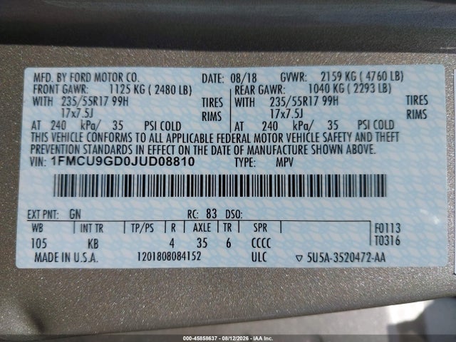 Ford ESCAPE SE 2018 1FMCU9GD0JUD08810 Image 9