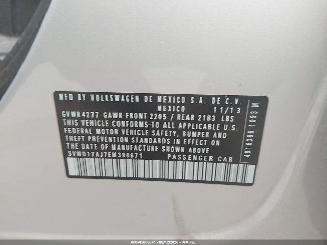 2014 Volkswagen Jetta 1.8t Se მანქანა იყიდება აუქციონზე, vin: 3VWD17AJ7EM396671, აუქციონის ნომერი: 45858641