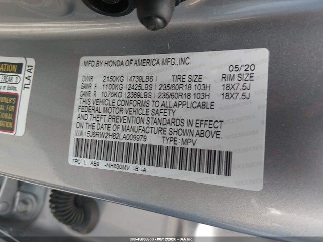 Aukcja sprzedaży 2020 Honda Cr-v Awd Ex-l, vin: 5J6RW2H82LA009979, numer aukcji: 45858653
