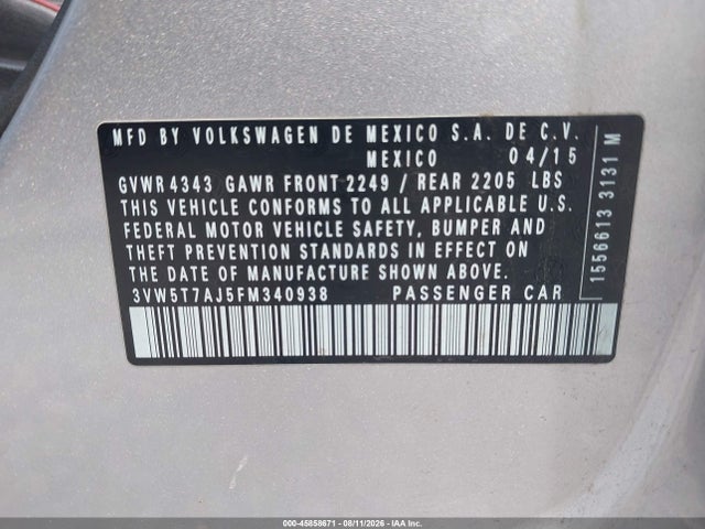 Продаж на аукціоні авто 2015 Volkswagen Jetta 2.0t Gli Sel, vin: 3VW5T7AJ5FM340938, номер лоту: 45858671