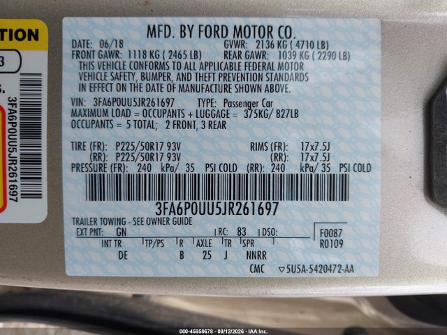 3FA6P0UU5JR261697 Ford Fusion Hybrid S