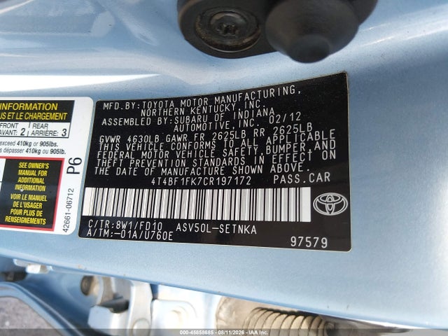 45858685 :رقم المزاد ، 4T4BF1FK7CR197172 vin ، 2012 Toyota Camry Le مزاد بيع
