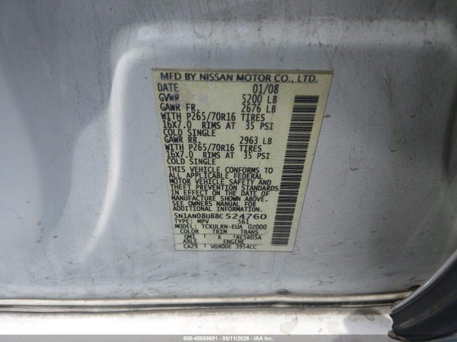 Продажа на аукционе авто 2008 Nissan Xterra S, vin: 5N1AN08U88C524760, номер лота: 45858691