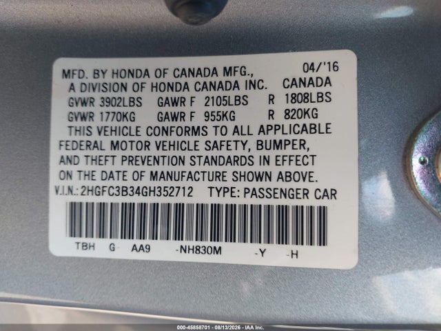 2HGFC3B34GH352712 Honda Civic Ex-t