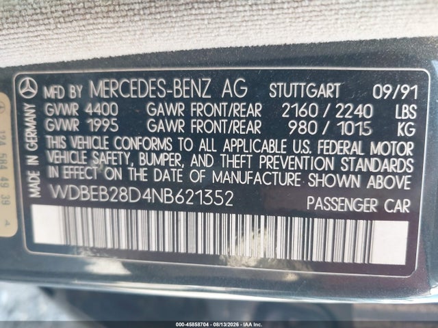 Aukcja sprzedaży 1992 Mercedes-benz 300 D, vin: WDBEB28D4NB621352, numer aukcji: 45858704
