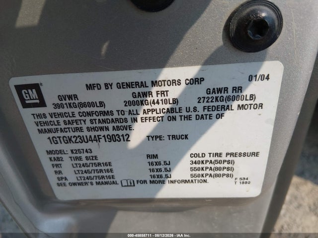 2004 Gmc Sierra 2500 Sle მანქანა იყიდება აუქციონზე, vin: 1GTGK23U44F190312, აუქციონის ნომერი: 45858711