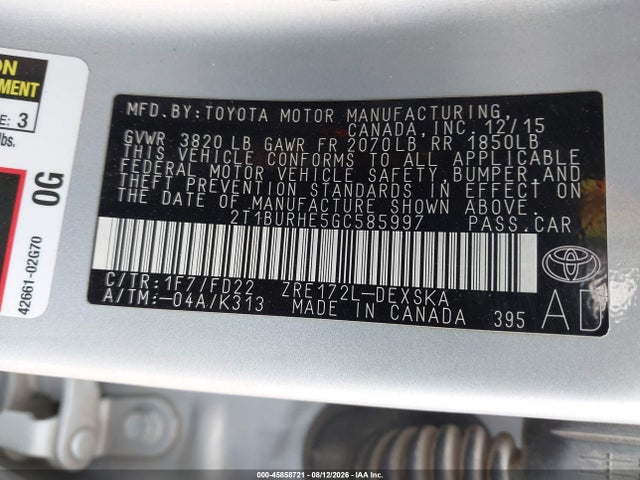 2016 Toyota Corolla S მანქანა იყიდება აუქციონზე, vin: 2T1BURHE5GC585997, აუქციონის ნომერი: 45858721