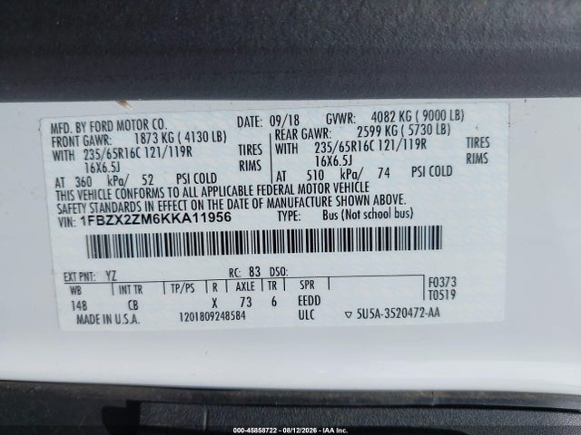 1FBZX2ZM6KKA11956 Ford Transit-350 Xl