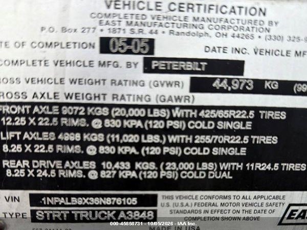 2006 Peterbilt 357 მანქანა იყიდება აუქციონზე, vin: 1NPALB9X36N876105, აუქციონის ნომერი: 45858731