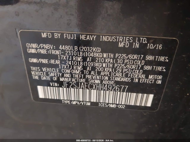 2017 Subaru Forester 2.5i Premium მანქანა იყიდება აუქციონზე, vin: JF2SJAECXHH492677, აუქციონის ნომერი: 45858733