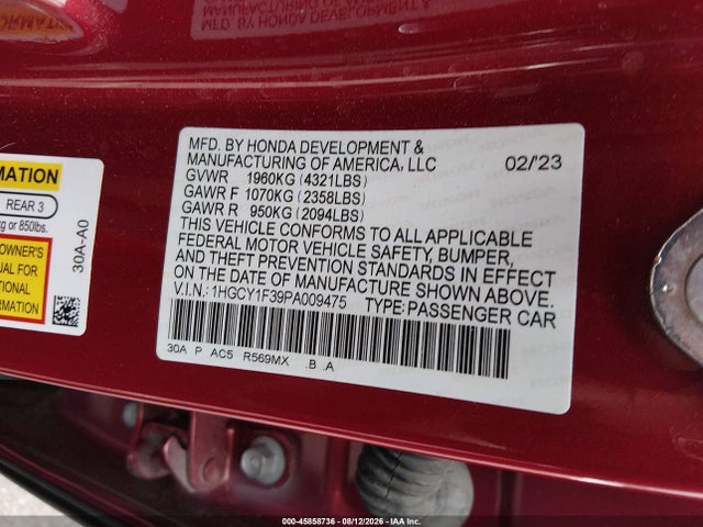 Honda ACCORD EX 2023 1HGCY1F39PA009475 Image 9