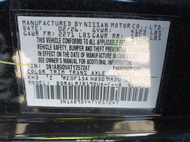 Продажа на аукционе авто 2026 Nissan Sentra Sr, vin: 3N1AB9DV4TY257247, номер лота: 45858740