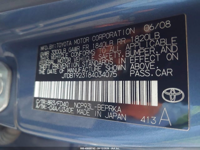 45858742 :رقم المزاد ، JTDBT923184034075 vin ، 2008 Toyota Yaris مزاد بيع