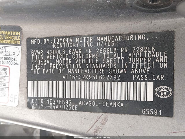 Продажа на аукционе авто 2005 Toyota Camry Le, vin: 4T1BE32K95U632792, номер лота: 45858743