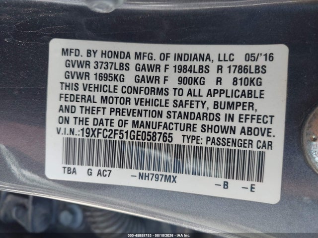 Honda Civic Lx 2016 19XFC2F51GE058765 Image 9