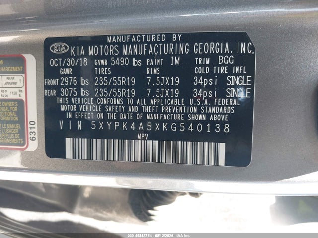Продаж на аукціоні авто 2019 Kia Sorento 3.3l Sx, vin: 5XYPK4A5XKG540138, номер лоту: 45858754