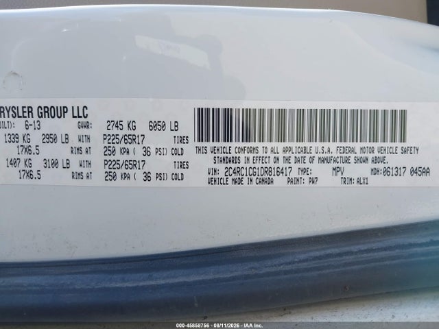 2013 Chrysler Town & Country Touring-l მანქანა იყიდება აუქციონზე, vin: 2C4RC1CG1DR816417, აუქციონის ნომერი: 45858756