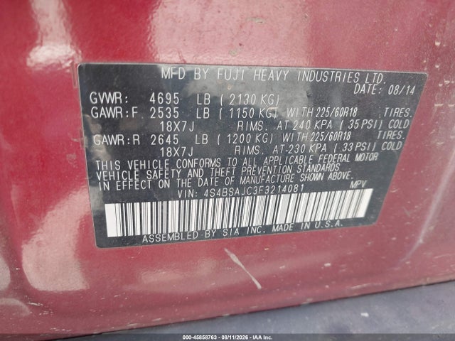 4S4BSAJC3F3214081 Subaru Outback 2.5i Limited