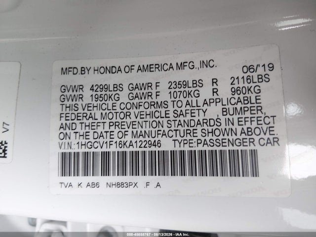 1HGCV1F16KA122946 Honda ACCORD LX
