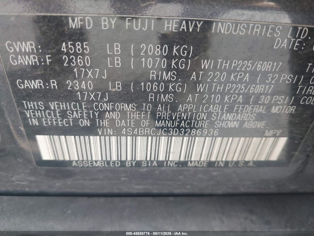 Aukcja sprzedaży 2013 Subaru Outback 2.5i Limited, vin: 4S4BRCJC3D3286936, numer aukcji: 45858776