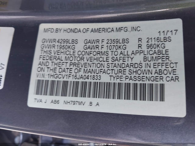 1HGCV1F16JA041833 Honda ACCORD LX