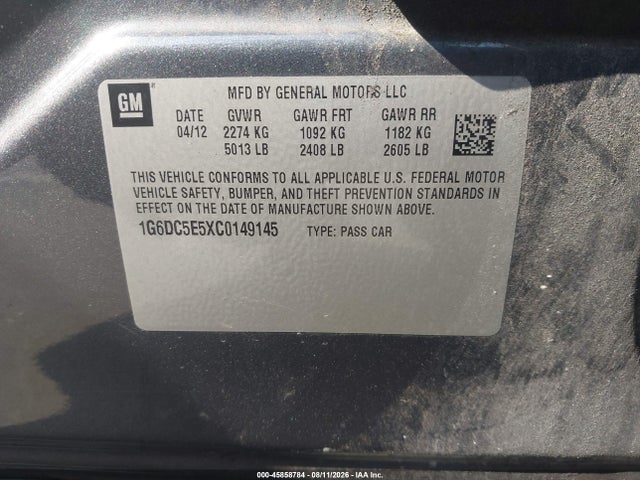 45858784 :رقم المزاد ، 1G6DC5E5XC0149145 vin ، 2012 Cadillac Cts Standard مزاد بيع