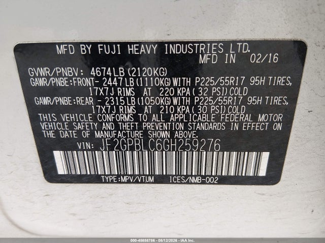 Продажа на аукционе авто 2016 Subaru Crosstrek Hybrid Touring, vin: JF2GPBLC6GH259276, номер лота: 45858786