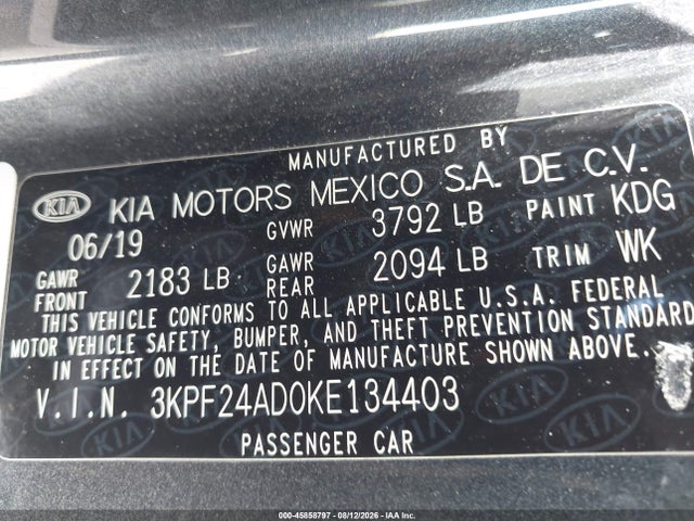 45858797 :رقم المزاد ، 3KPF24AD0KE134403 vin ، 2019 Kia Forte Lxs مزاد بيع