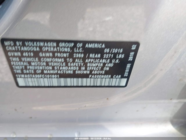 45858800 :رقم المزاد ، 1VWAS7A35FC101801 vin ، 2015 Volkswagen Passat 1.8t Limited Edition مزاد بيع