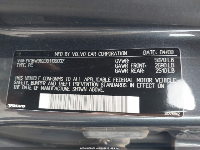 Aukcja sprzedaży 2009 Volvo V70 3.2, vin: YV1BW982391109037, numer aukcji: 45858808