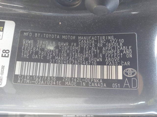 2011 Toyota Corolla Le მანქანა იყიდება აუქციონზე, vin: 2T1BU4EE7BC546716, აუქციონის ნომერი: 45858809